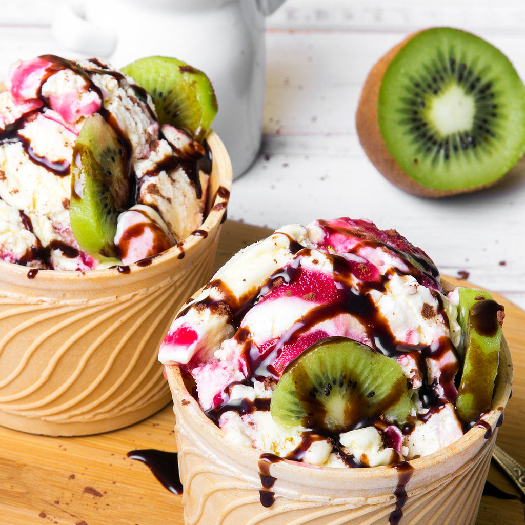 Sweet Balsamic Reduction drizzled over ice cream with kiwifruit